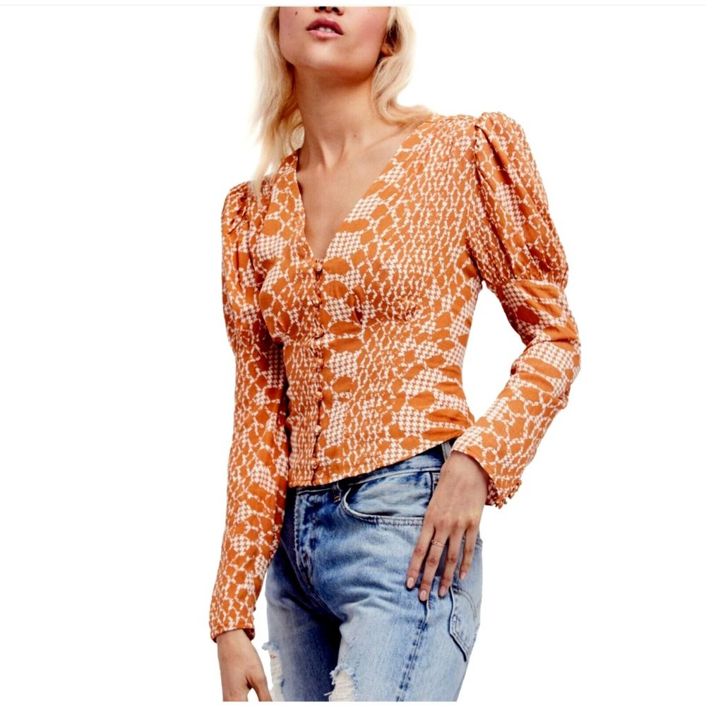 Free People Sweet On You Orange & White Print Long Sleeve V-Neck Button Blouse S